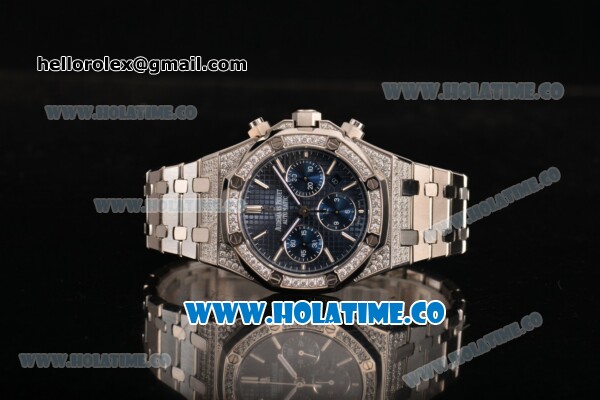 Audemars Piguet Royal Oak Chronograph Swiss Valjoux 7790 Automatic Steel/Diamonds Case with Blue Dial Diamonds Bezel and Stick Markers (EF) - Click Image to Close